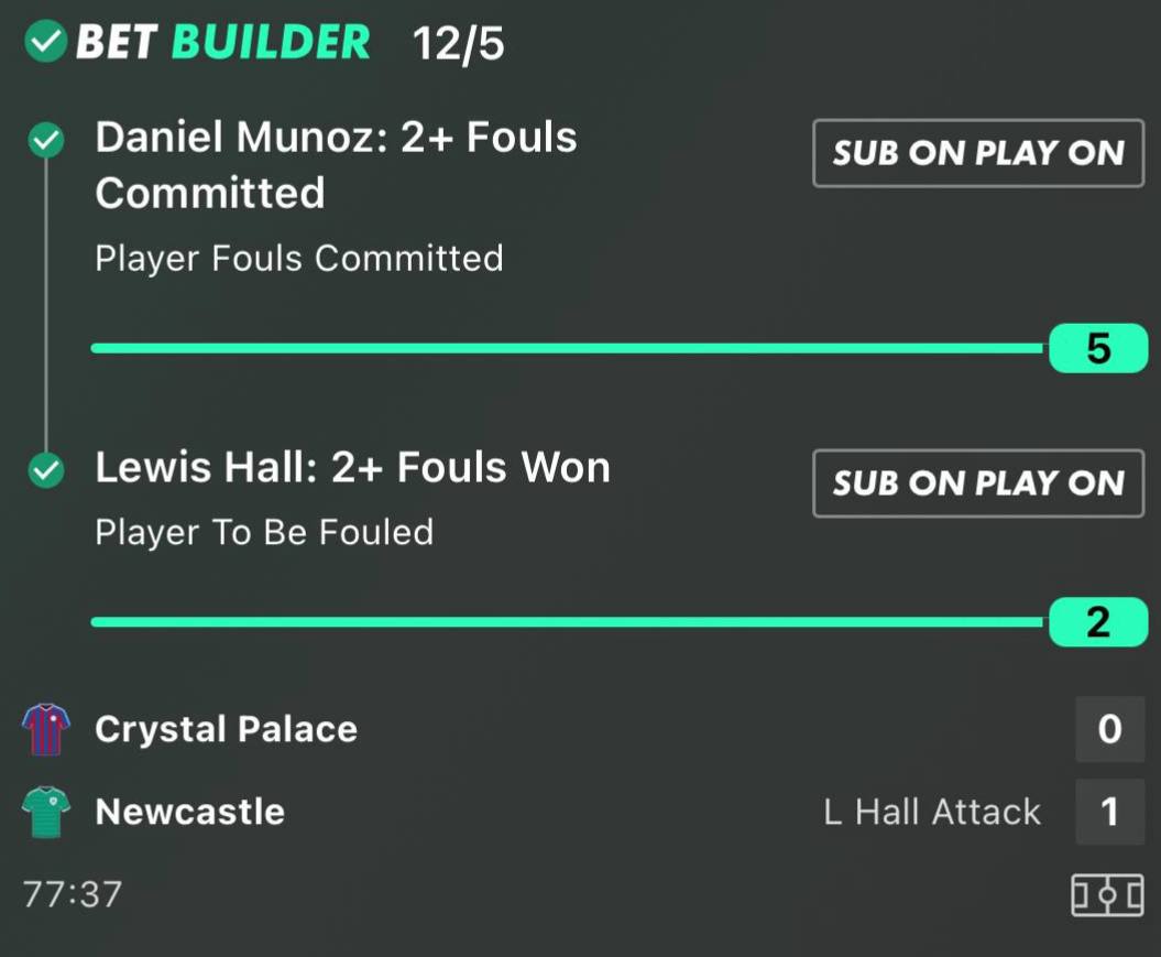 Munoz fouls committed and Hall fouls won bet builder winner at 12/5 Crystal Palace vs Newcastle Premier League