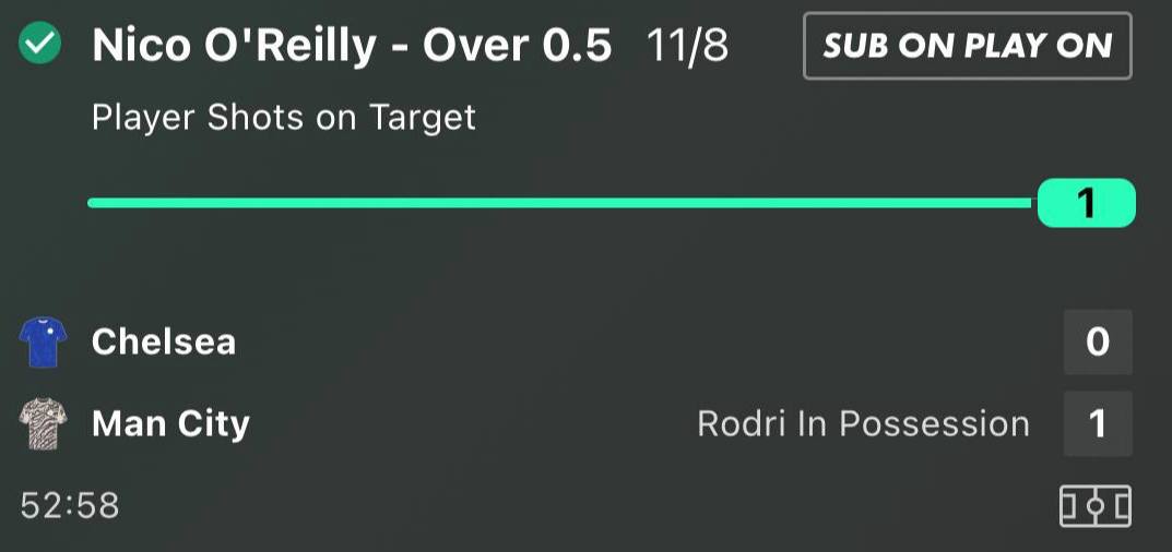 Nico O Reilly 1 plus shot on target winner at 11/8 Chelsea vs Manchester City Premier League