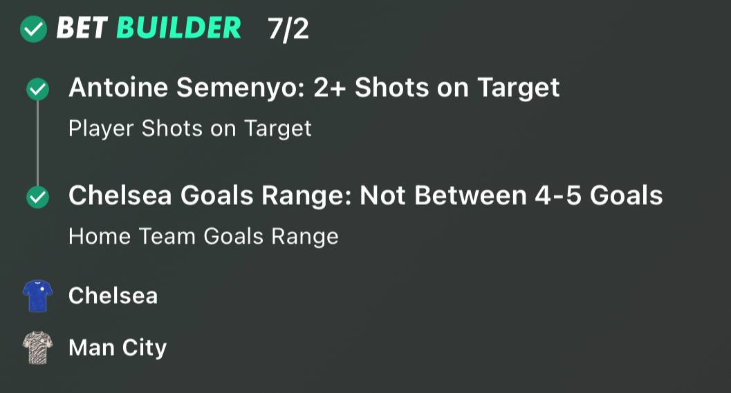 Semenyo shots on target and Chelsea goal range bet builder winner at 7/2 Chelsea vs Manchester City Premier League