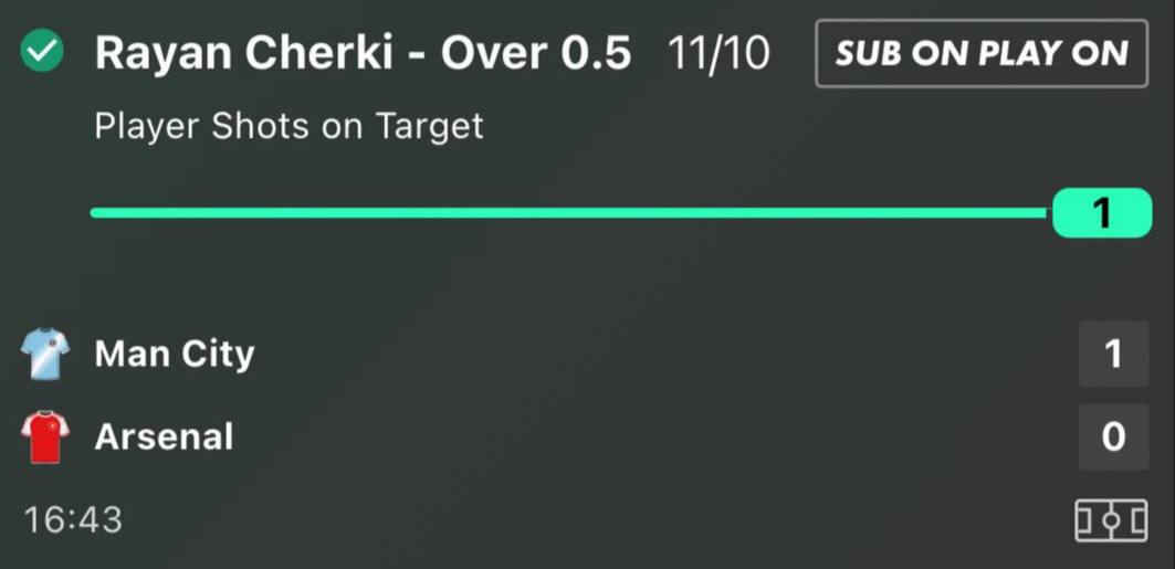 Rayan Cherki 1 plus shot on target winner at 11/10 Manchester City vs Arsenal Premier League