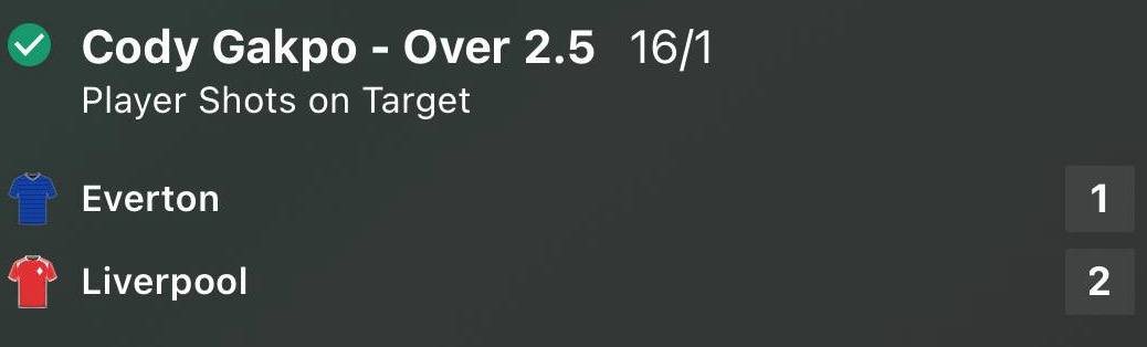 Cody Gakpo 2 plus shots on target winner at 16/1 Everton vs Liverpool Premier League