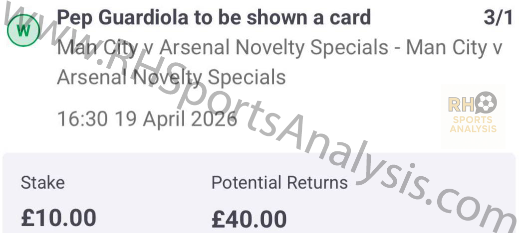 Pep Guardiola to be shown a card winner at 3/1 Manchester City vs Arsenal Premier League