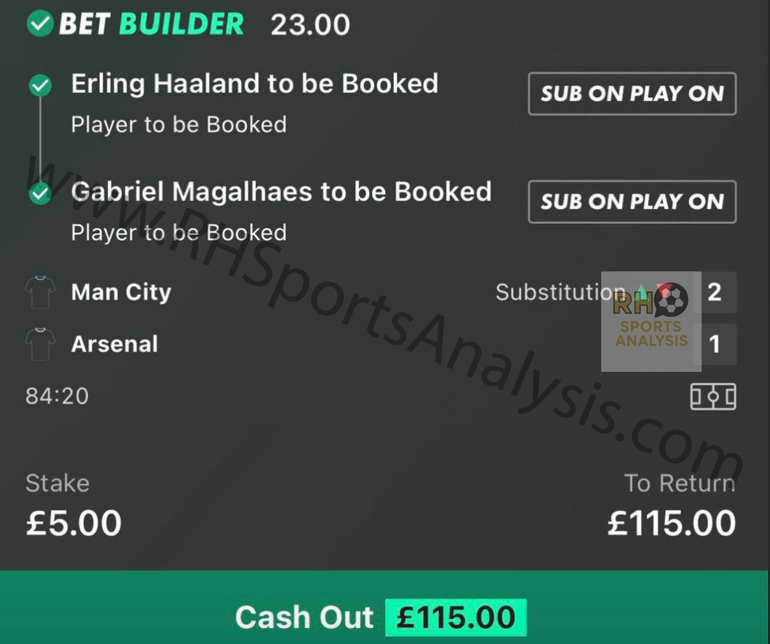 Haaland and Gabriel both to be booked bet builder winner at 23/1 Manchester City vs Arsenal Premier League