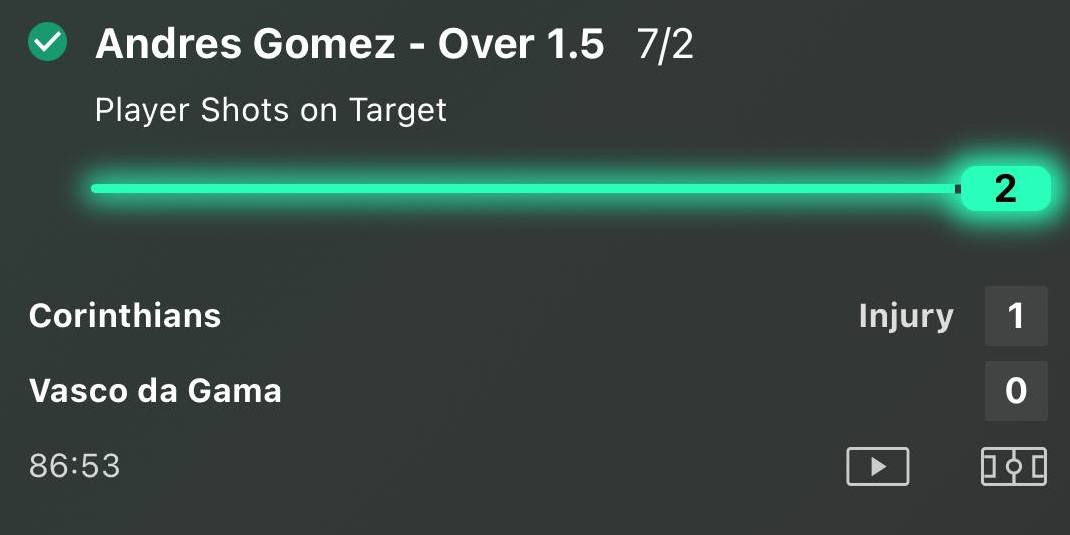 Andres Gomez over 1.5 shots on target winner at 7/2 Corinthians vs Vasco da Gama Brasileirao Serie A