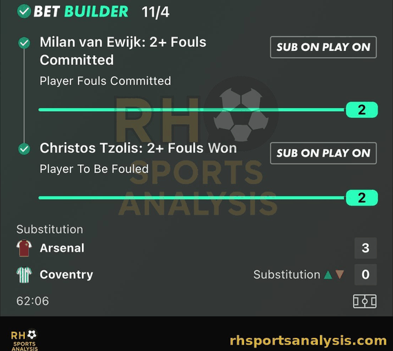 Bet builder winner at 11/4: Milan van Ewijk 2+ fouls committed and Christos Tzolis 2+ fouls won, Arsenal vs Coventry