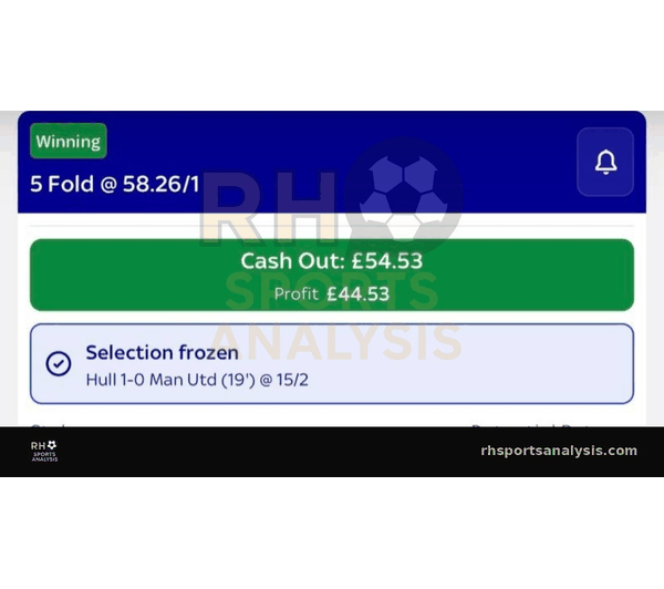 Five-fold at 58/1 with Hull to win at 15/2 frozen, cashed out for 54.53