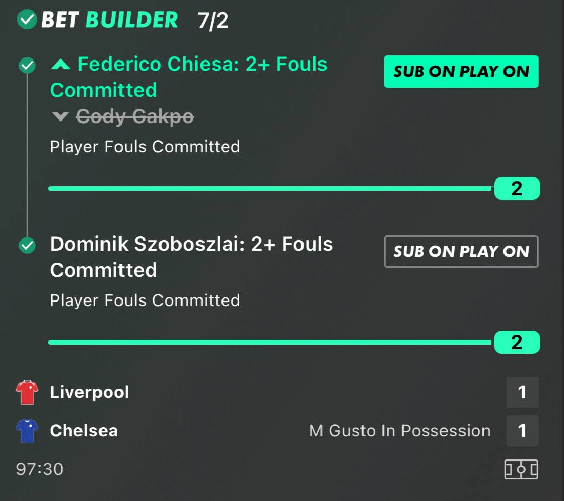 Chiesa and Szoboszlai each 2 or more fouls bet builder winner at 7/2, Liverpool vs Chelsea Premier League