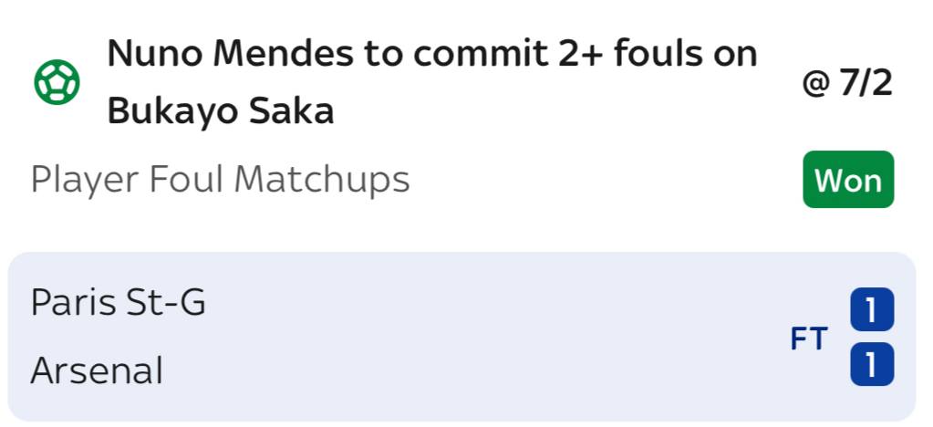 Nuno Mendes 2 or more fouls on Bukayo Saka winner at 7/2, PSG vs Arsenal Champions League Final