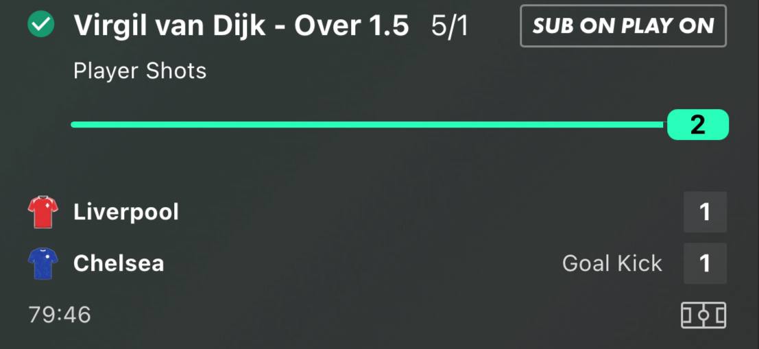 Virgil van Dijk over 1.5 shots winner at 5/1, Liverpool vs Chelsea Premier League